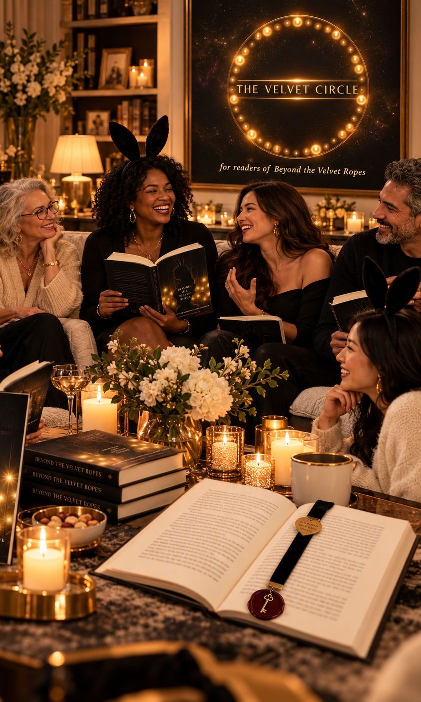Friends in a candlelit living room, some wearing black bunny ears, holding copies of Beyond the Velvet Ropes